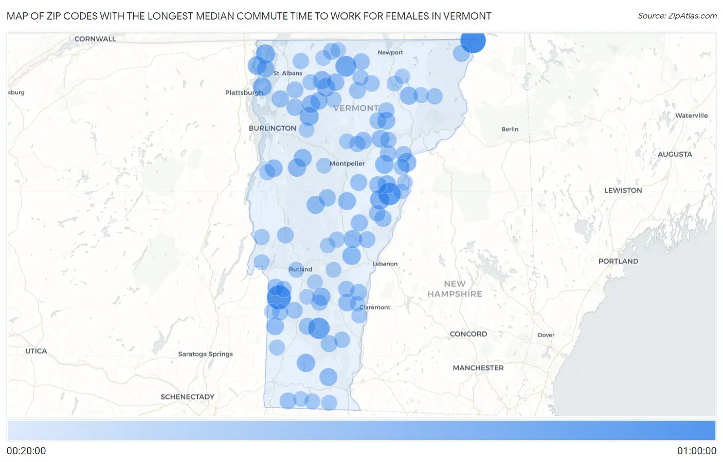 Zip Codes with the Longest Median Commute Time to Work for Females in Vermont Map