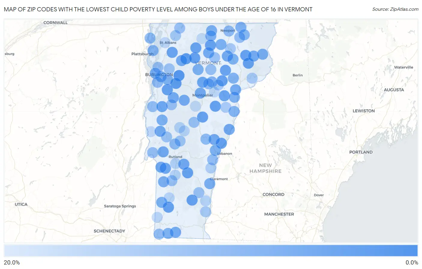 Zip Codes with the Lowest Child Poverty Level Among Boys Under the Age of 16 in Vermont Map