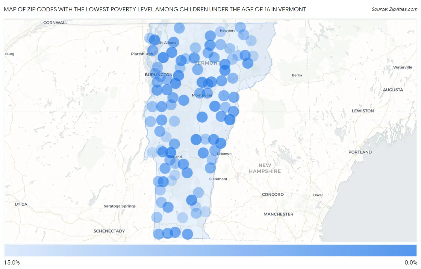 Zip Codes with the Lowest Poverty Level Among Children Under the Age of 16 in Vermont Map