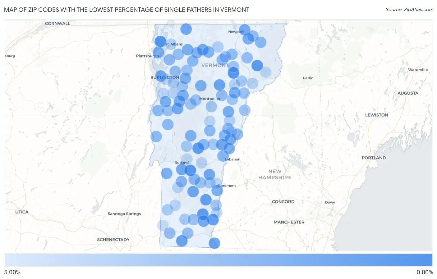 Zip Codes with the Lowest Percentage of Single Fathers in Vermont Map