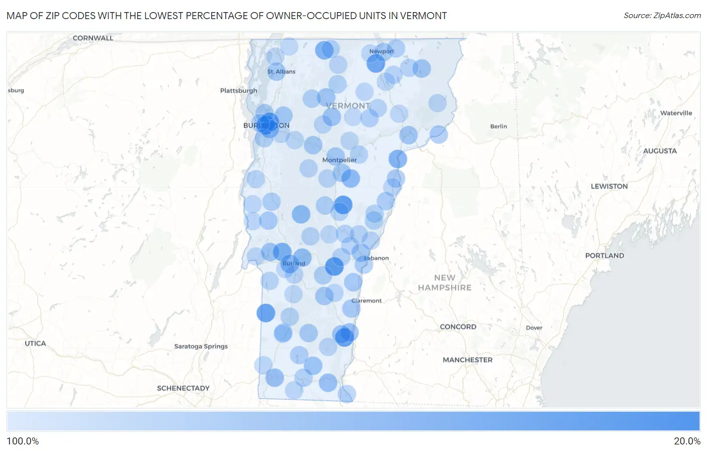 Zip Codes with the Lowest Percentage of Owner-Occupied Units in Vermont Map