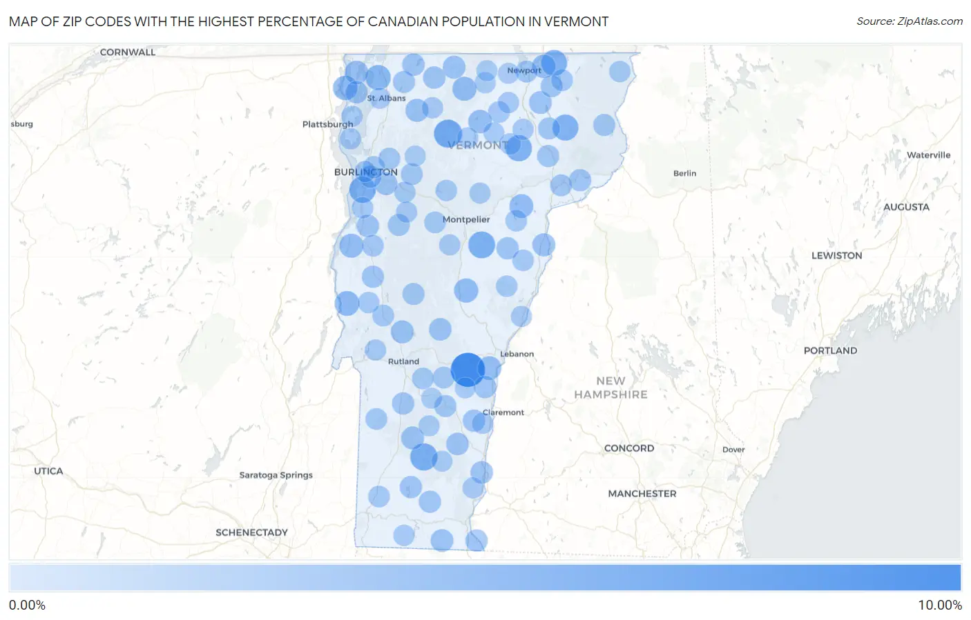 Zip Codes with the Highest Percentage of Canadian Population in Vermont Map