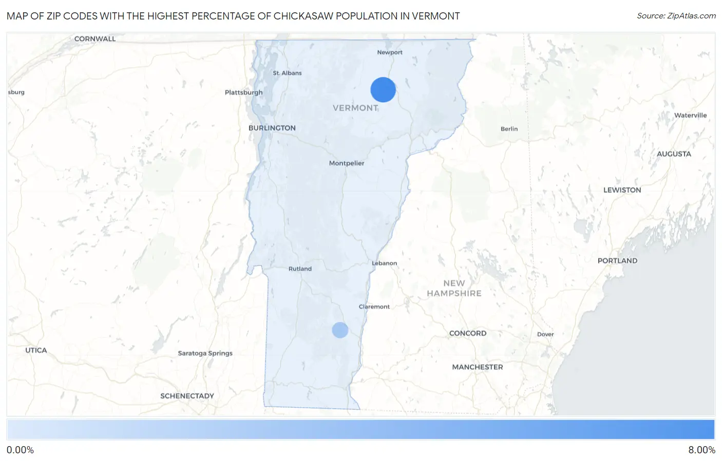 Zip Codes with the Highest Percentage of Chickasaw Population in Vermont Map