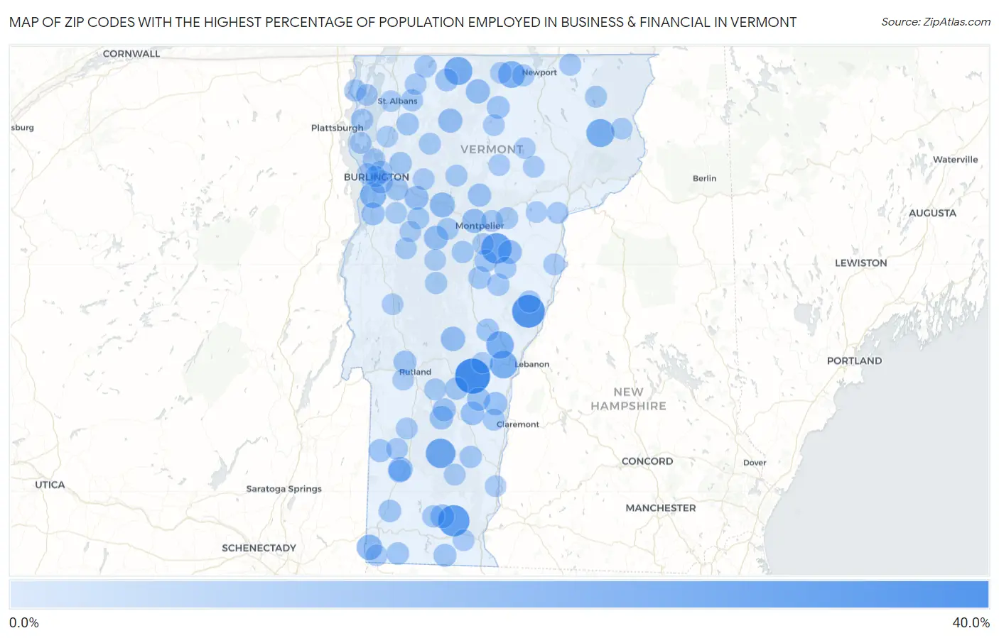 Zip Codes with the Highest Percentage of Population Employed in Business & Financial in Vermont Map