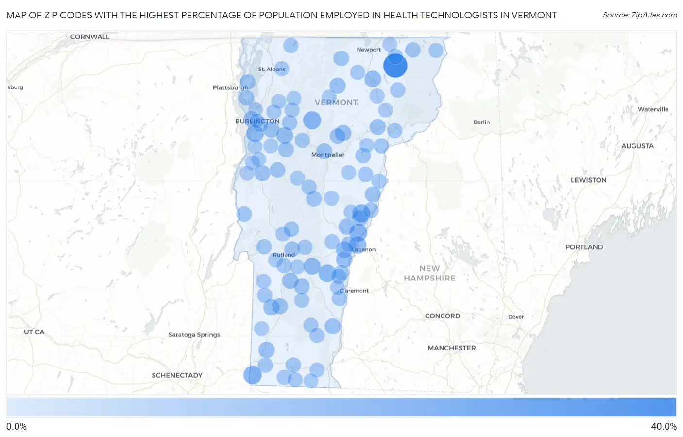Zip Codes with the Highest Percentage of Population Employed in Health Technologists in Vermont Map