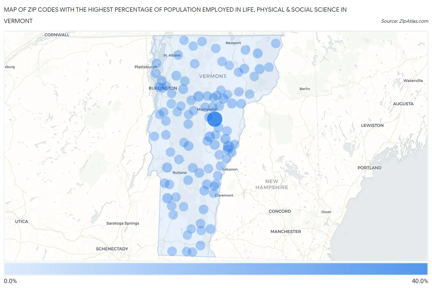 Zip Codes with the Highest Percentage of Population Employed in Life, Physical & Social Science in Vermont Map