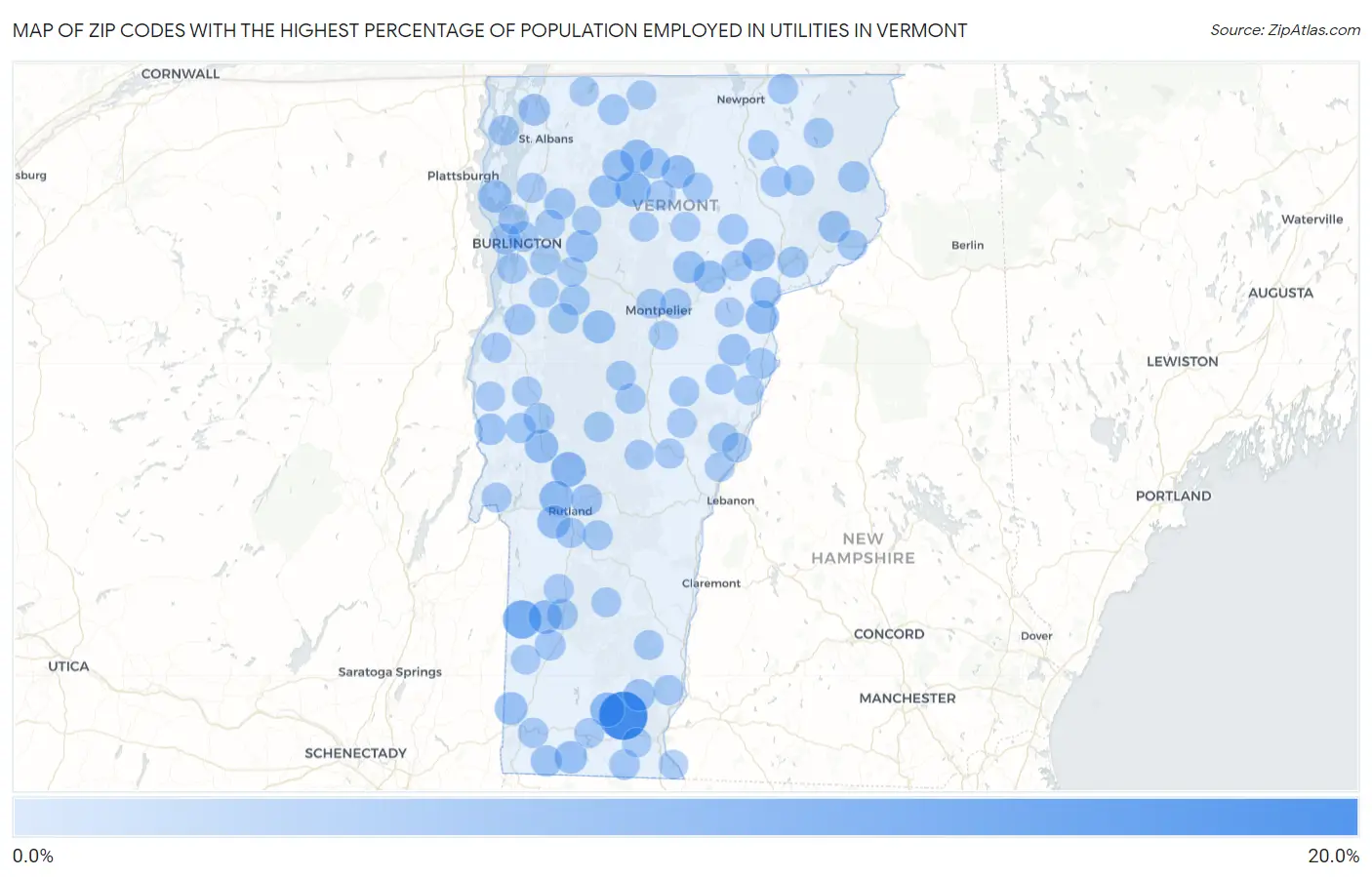 Zip Codes with the Highest Percentage of Population Employed in Utilities in Vermont Map