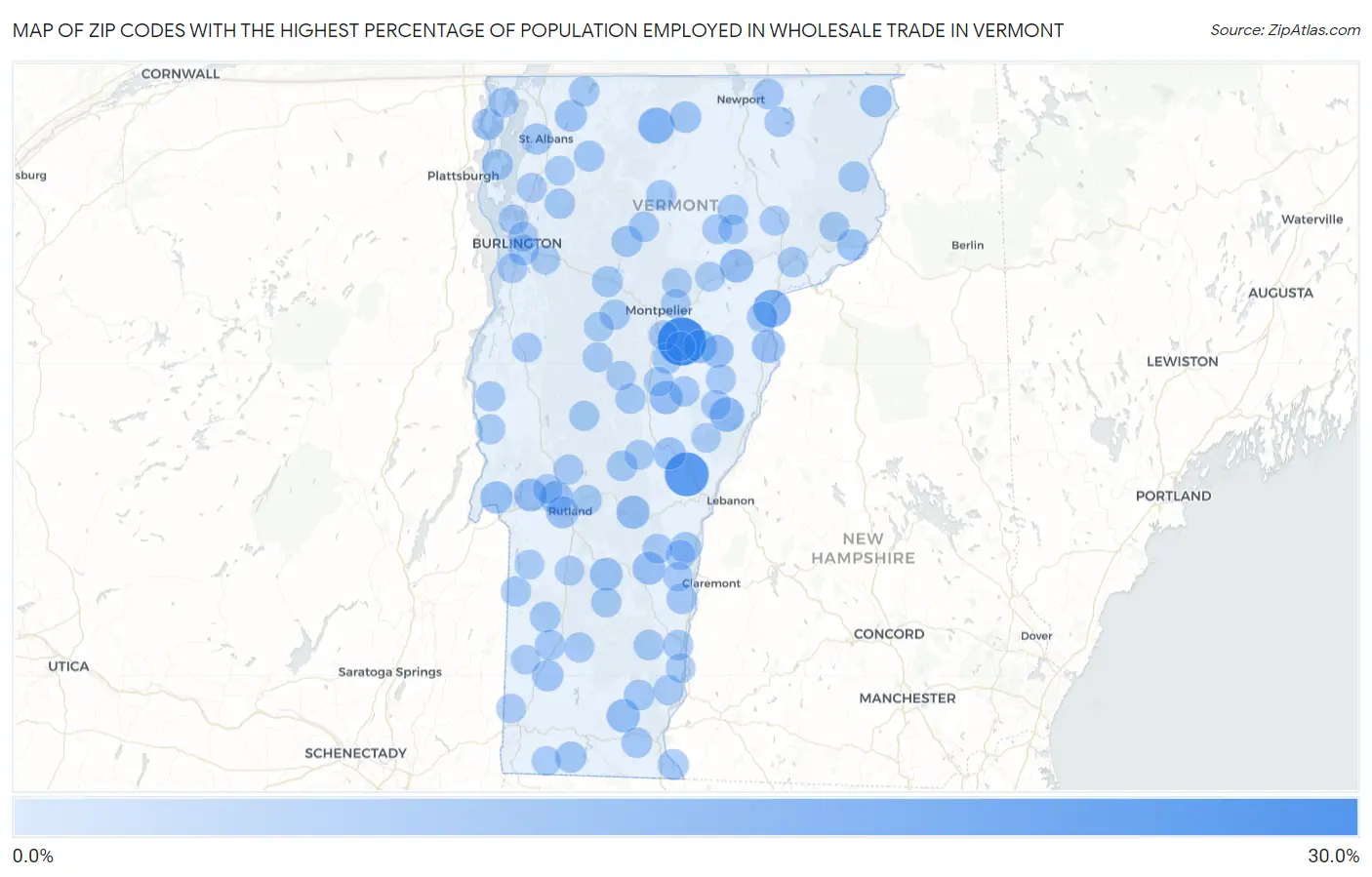 Zip Codes with the Highest Percentage of Population Employed in Wholesale Trade in Vermont Map