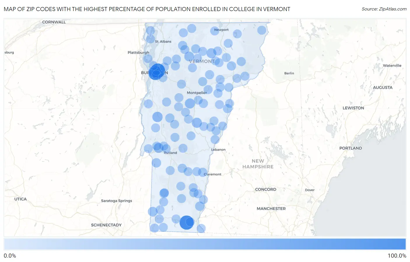 Zip Codes with the Highest Percentage of Population Enrolled in College in Vermont Map