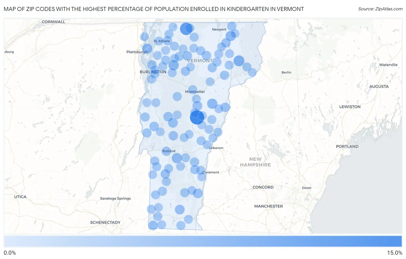Zip Codes with the Highest Percentage of Population Enrolled in Kindergarten in Vermont Map