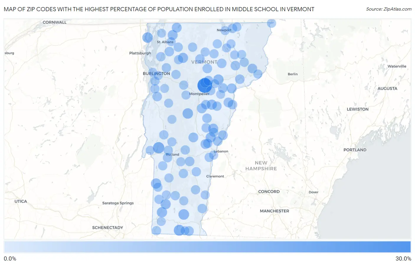 Zip Codes with the Highest Percentage of Population Enrolled in Middle School in Vermont Map