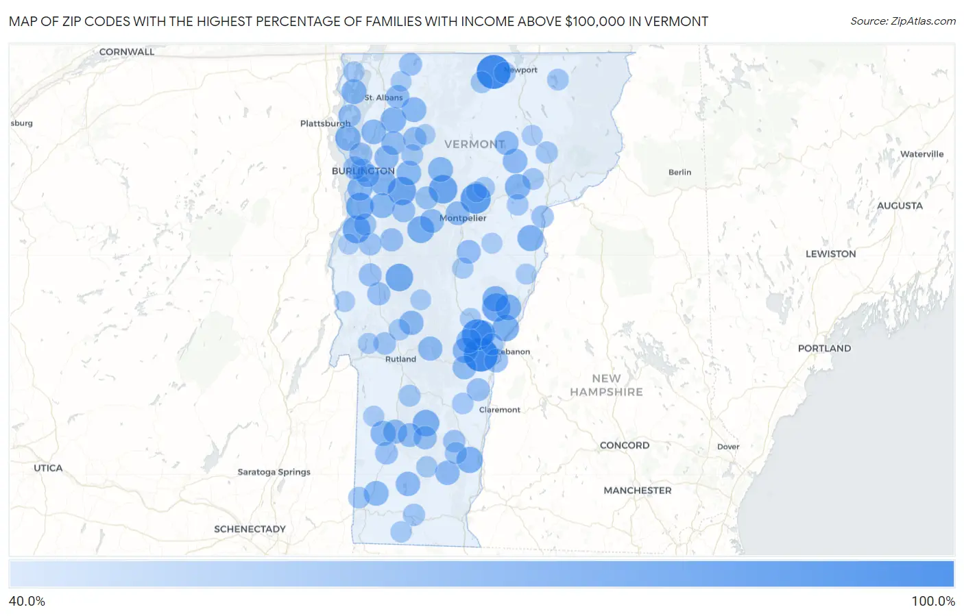 Zip Codes with the Highest Percentage of Families with Income Above $100,000 in Vermont Map