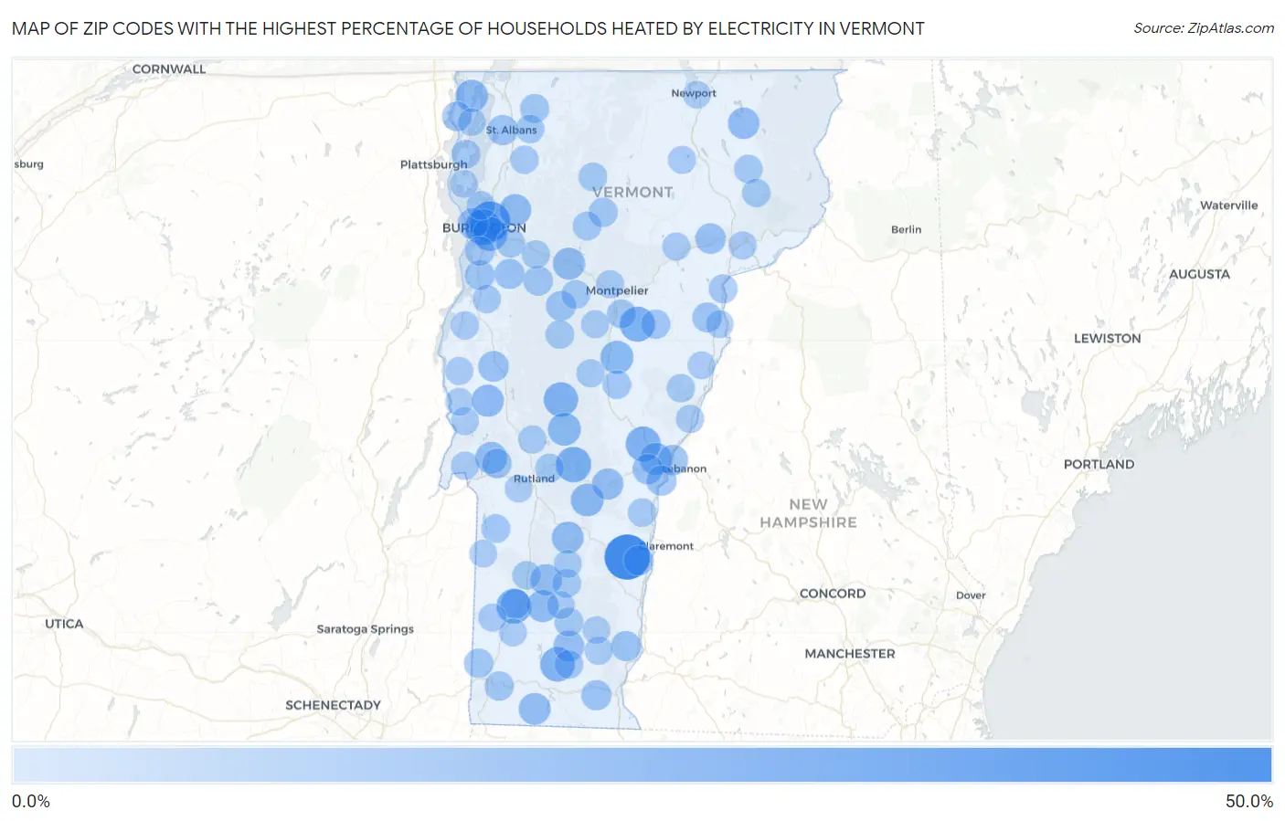 Zip Codes with the Highest Percentage of Households Heated by Electricity in Vermont Map