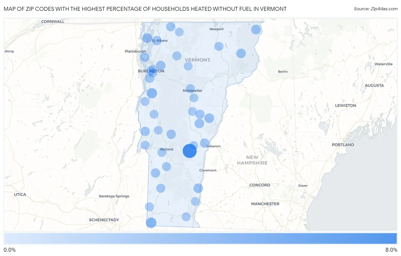 Zip Codes with the Highest Percentage of Households Heated without Fuel in Vermont Map