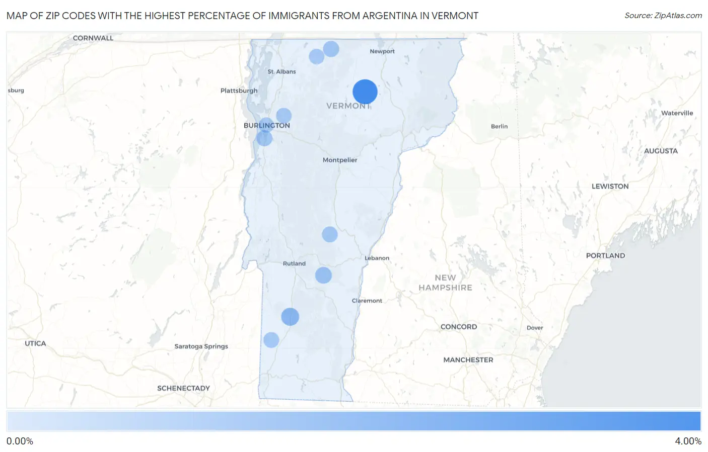 Zip Codes with the Highest Percentage of Immigrants from Argentina in Vermont Map