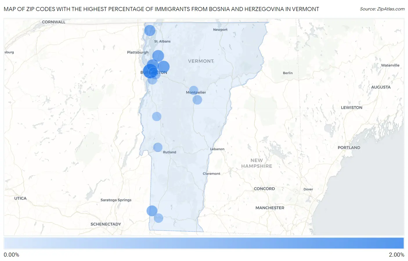 Zip Codes with the Highest Percentage of Immigrants from Bosnia and Herzegovina in Vermont Map