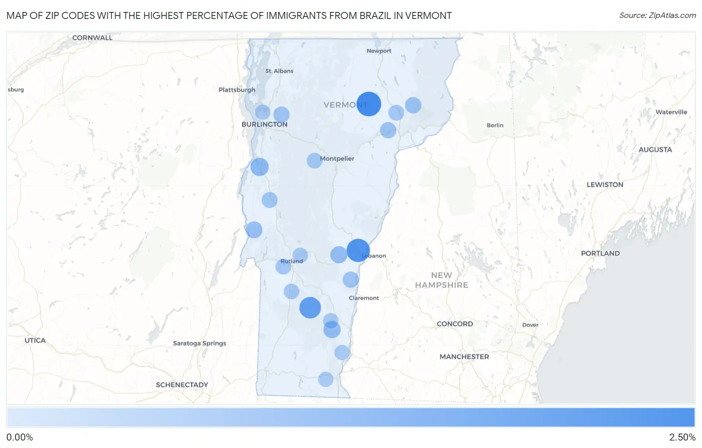 Zip Codes with the Highest Percentage of Immigrants from Brazil in Vermont Map