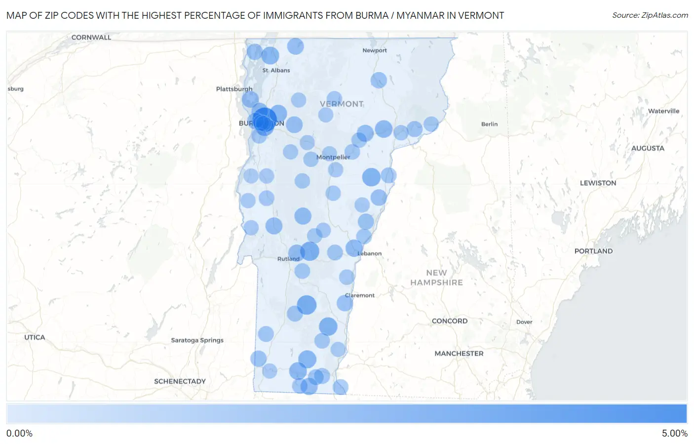 Zip Codes with the Highest Percentage of Immigrants from Burma / Myanmar in Vermont Map