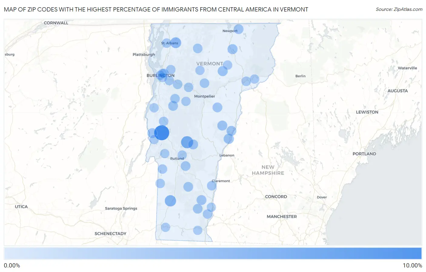 Zip Codes with the Highest Percentage of Immigrants from Central America in Vermont Map