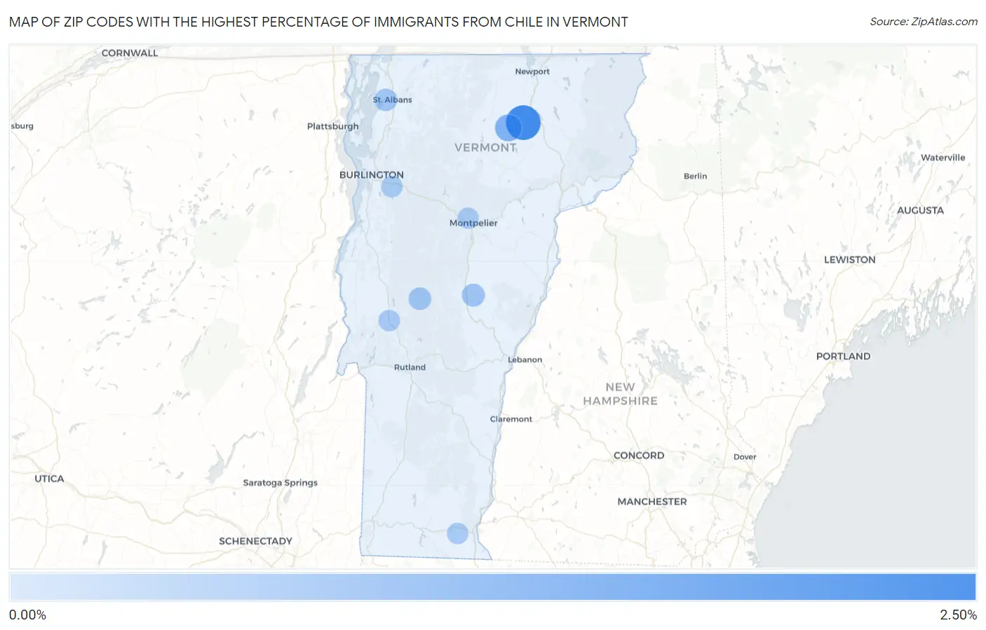 Zip Codes with the Highest Percentage of Immigrants from Chile in Vermont Map