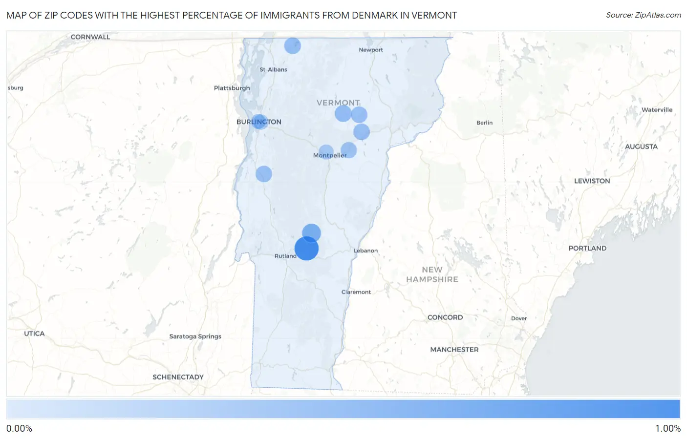 Zip Codes with the Highest Percentage of Immigrants from Denmark in Vermont Map