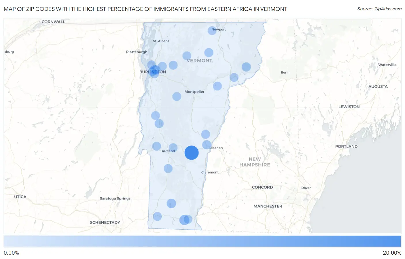 Zip Codes with the Highest Percentage of Immigrants from Eastern Africa in Vermont Map
