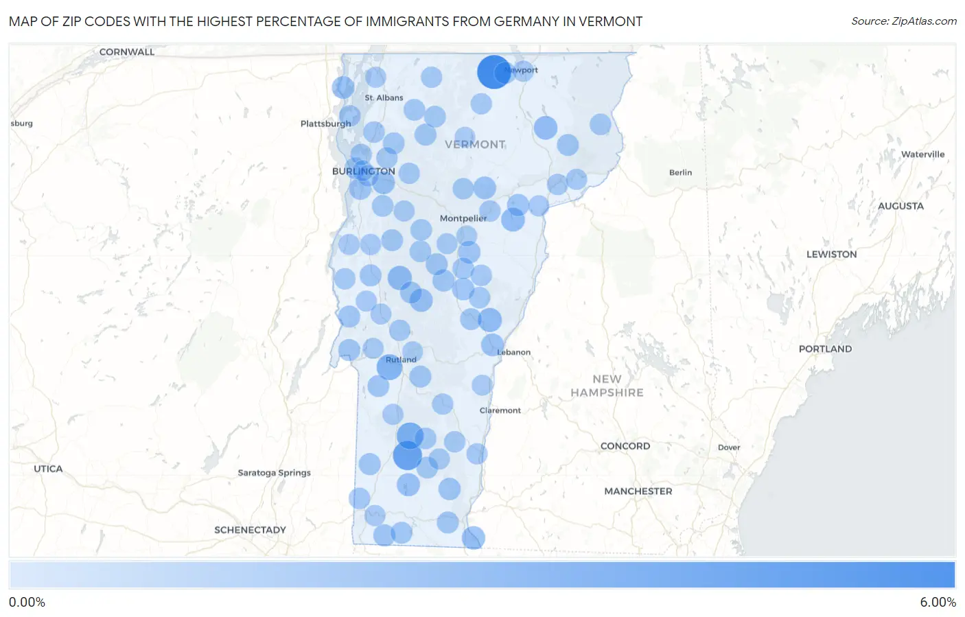 Zip Codes with the Highest Percentage of Immigrants from Germany in Vermont Map