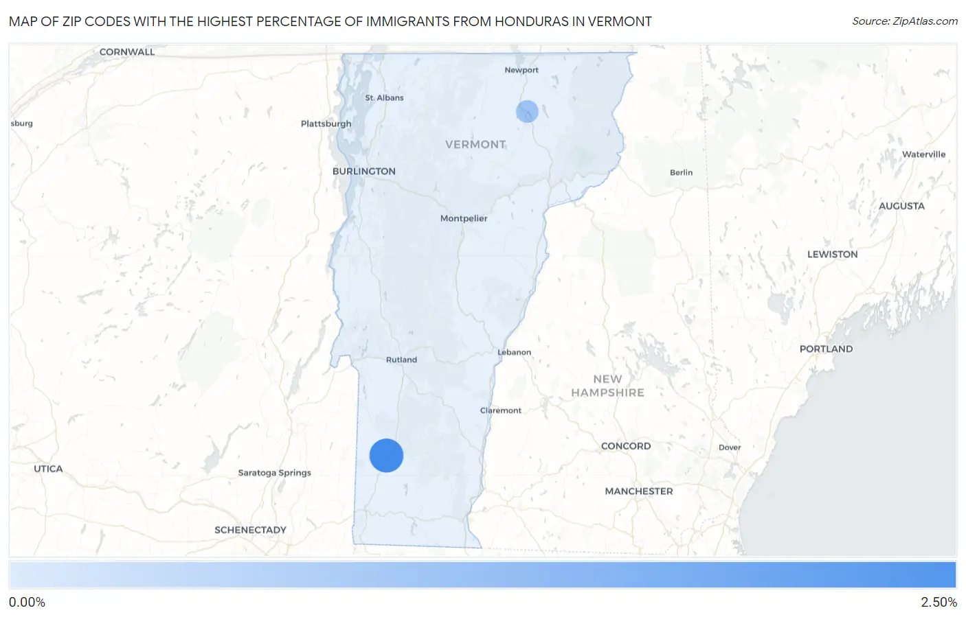 Zip Codes with the Highest Percentage of Immigrants from Honduras in Vermont Map