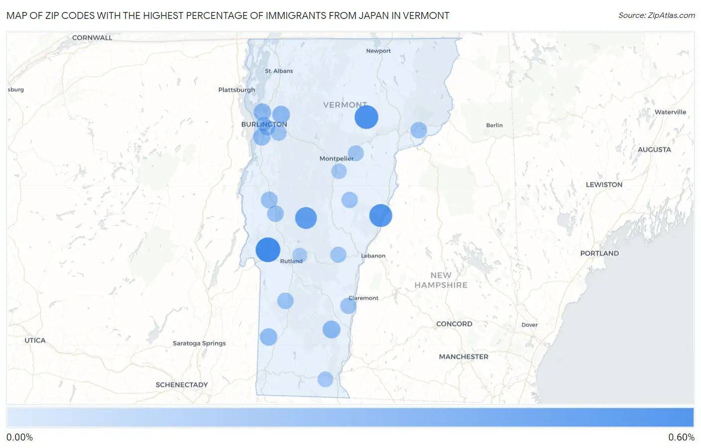 Zip Codes with the Highest Percentage of Immigrants from Japan in Vermont Map