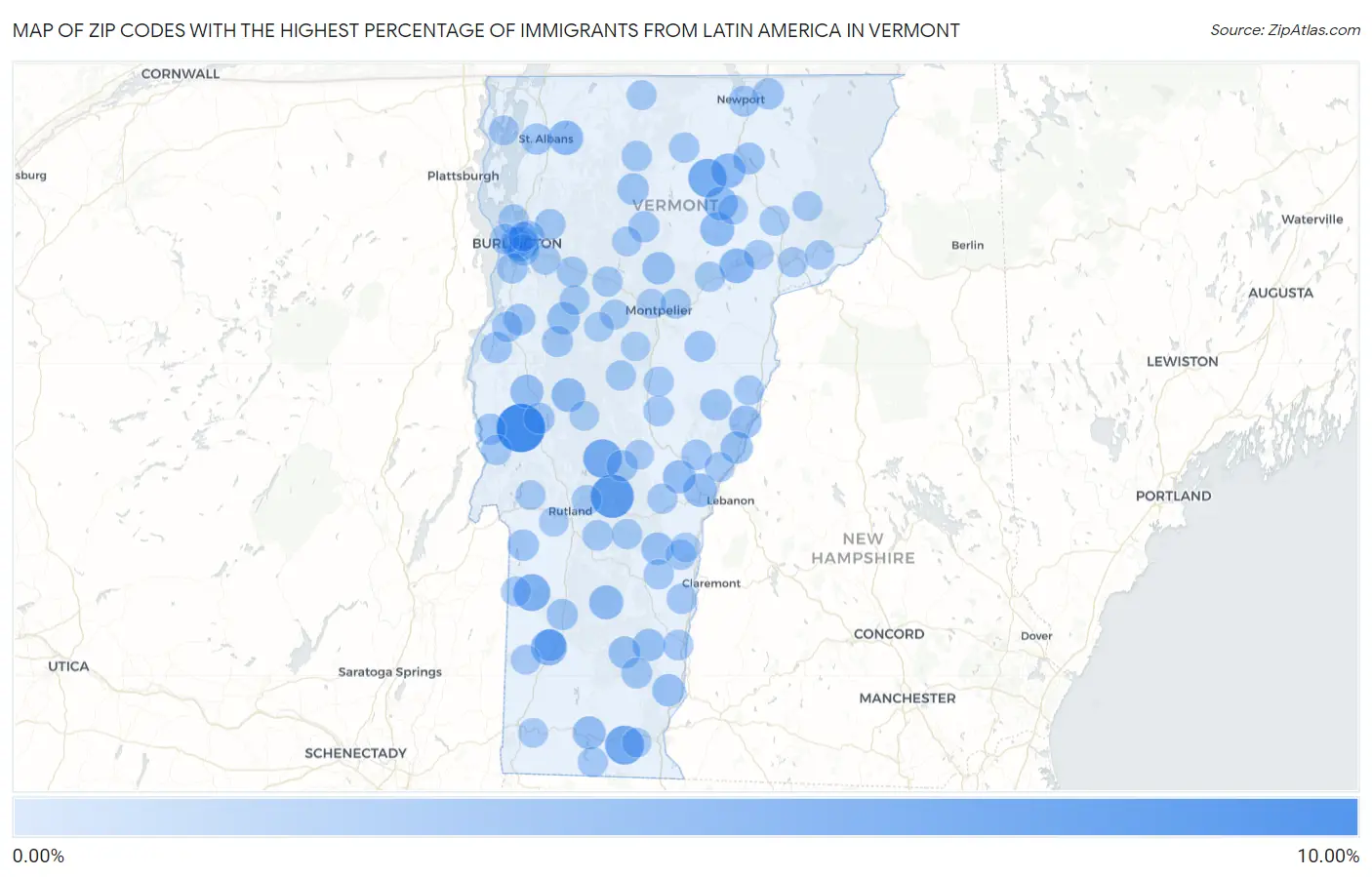 Zip Codes with the Highest Percentage of Immigrants from Latin America in Vermont Map