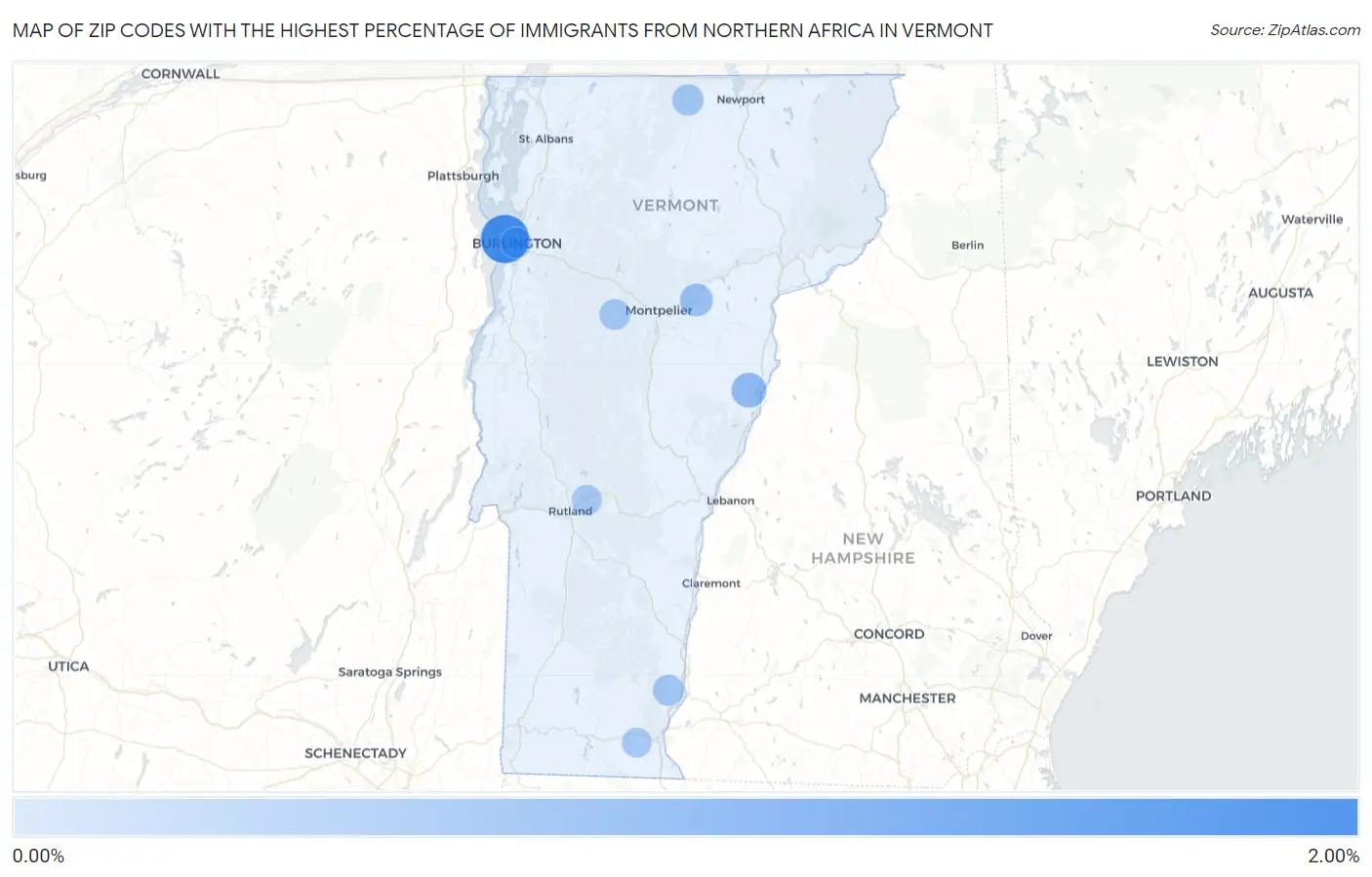 Zip Codes with the Highest Percentage of Immigrants from Northern Africa in Vermont Map