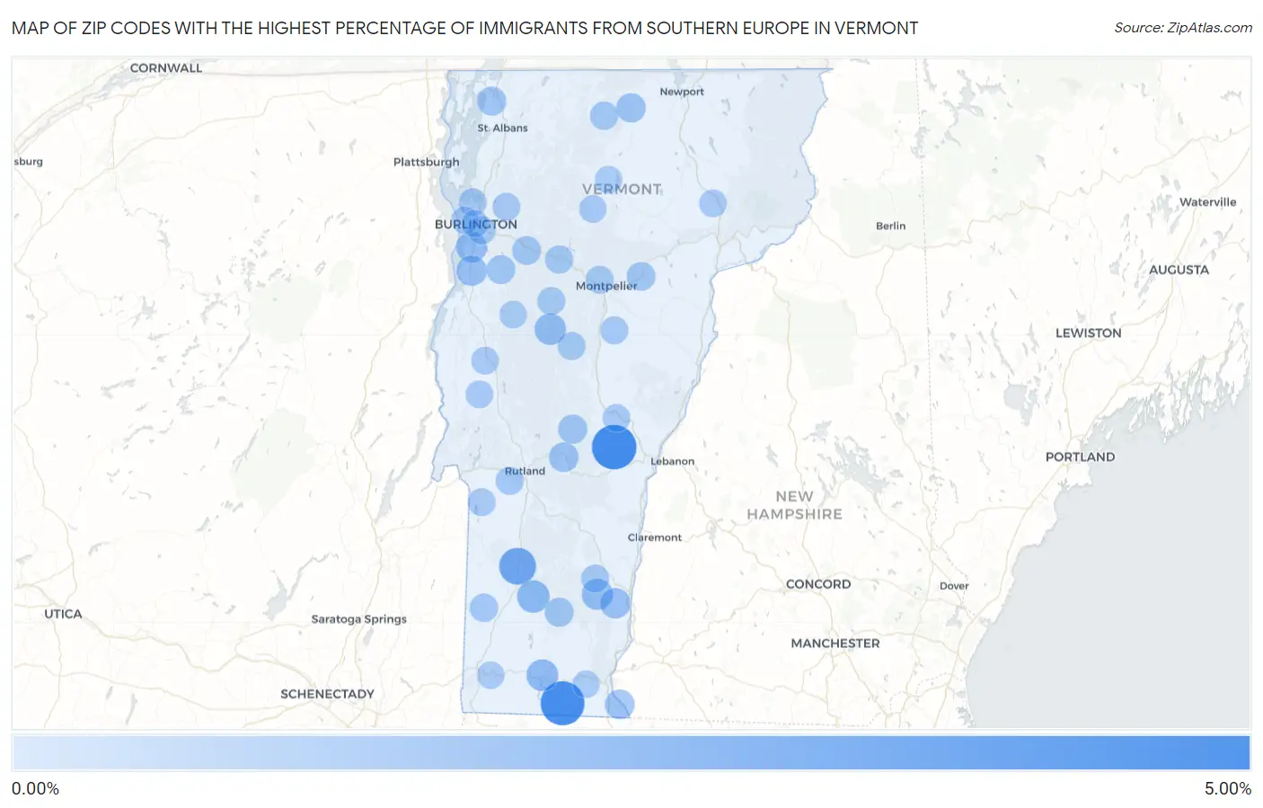 Zip Codes with the Highest Percentage of Immigrants from Southern Europe in Vermont Map