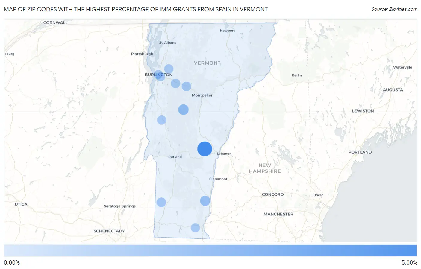 Zip Codes with the Highest Percentage of Immigrants from Spain in Vermont Map