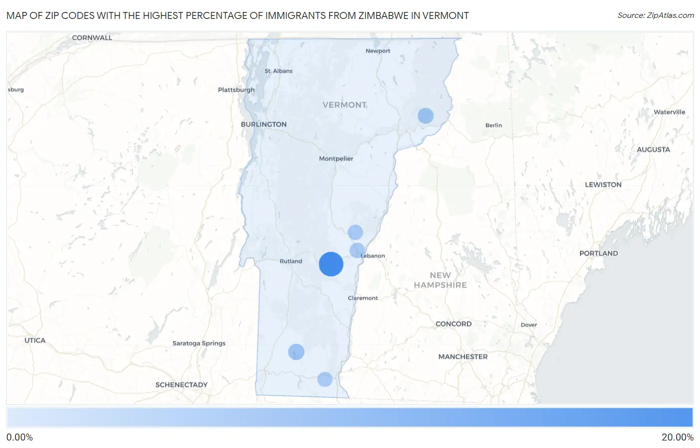 Zip Codes with the Highest Percentage of Immigrants from Zimbabwe in Vermont Map
