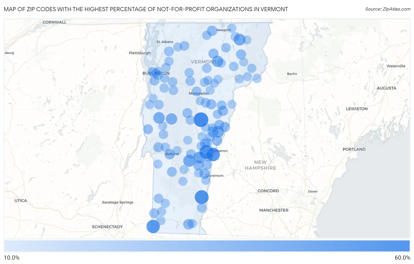 Zip Codes with the Highest Percentage of Not-for-profit Organizations in Vermont Map