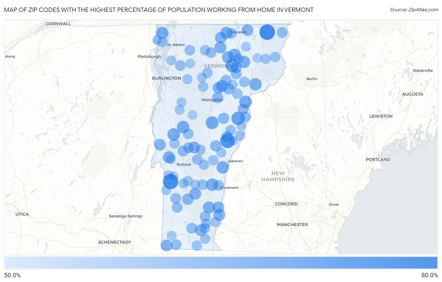Zip Codes with the Highest Percentage of Population Working from Home in Vermont Map