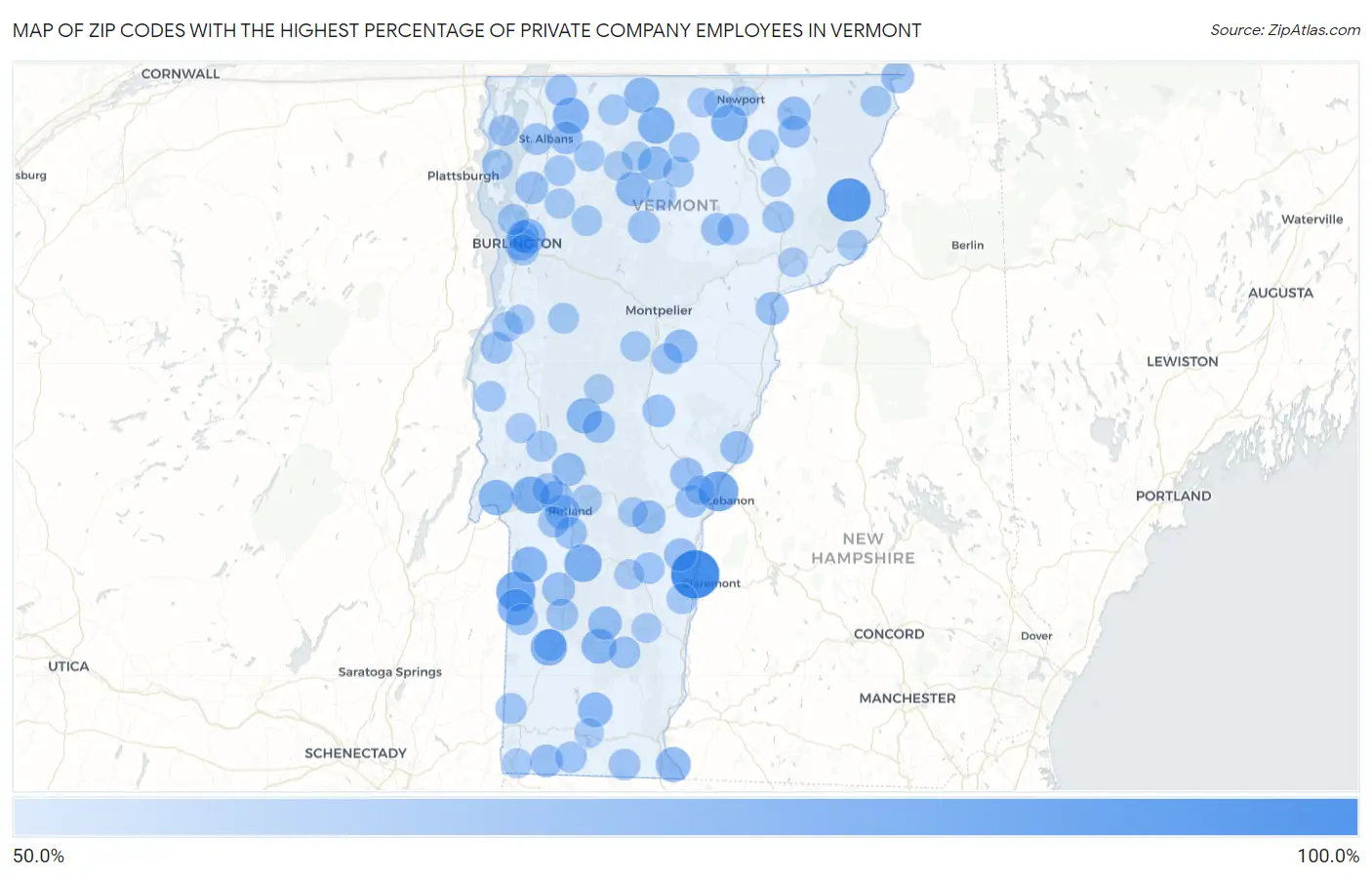 Zip Codes with the Highest Percentage of Private Company Employees in Vermont Map