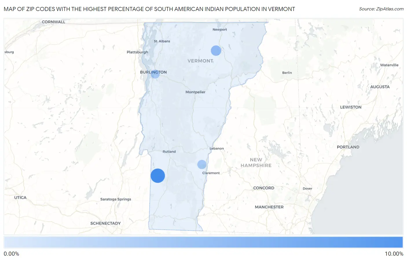 Zip Codes with the Highest Percentage of South American Indian Population in Vermont Map