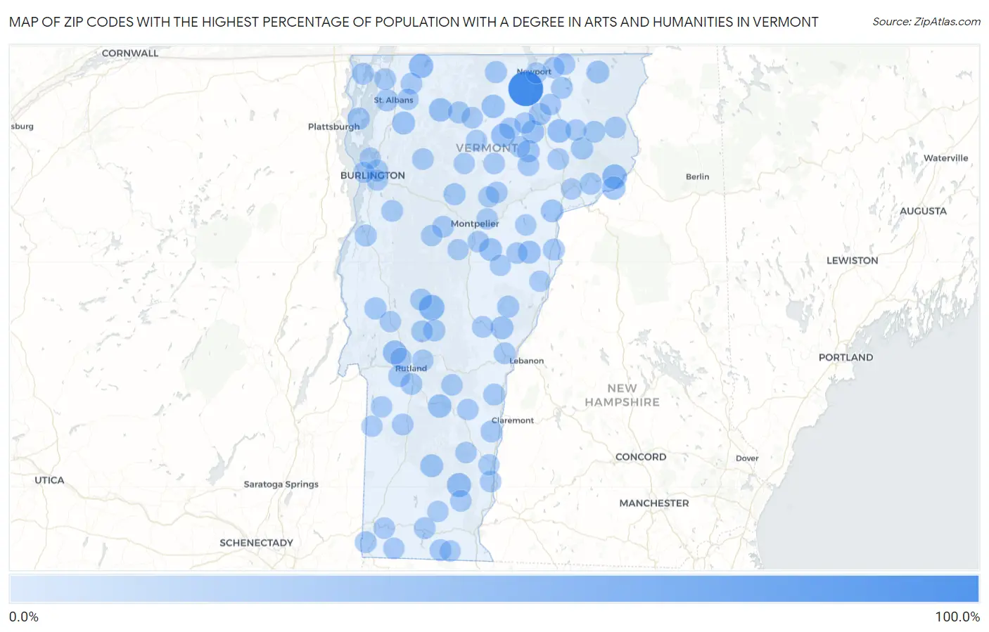 Zip Codes with the Highest Percentage of Population with a Degree in Arts and Humanities in Vermont Map