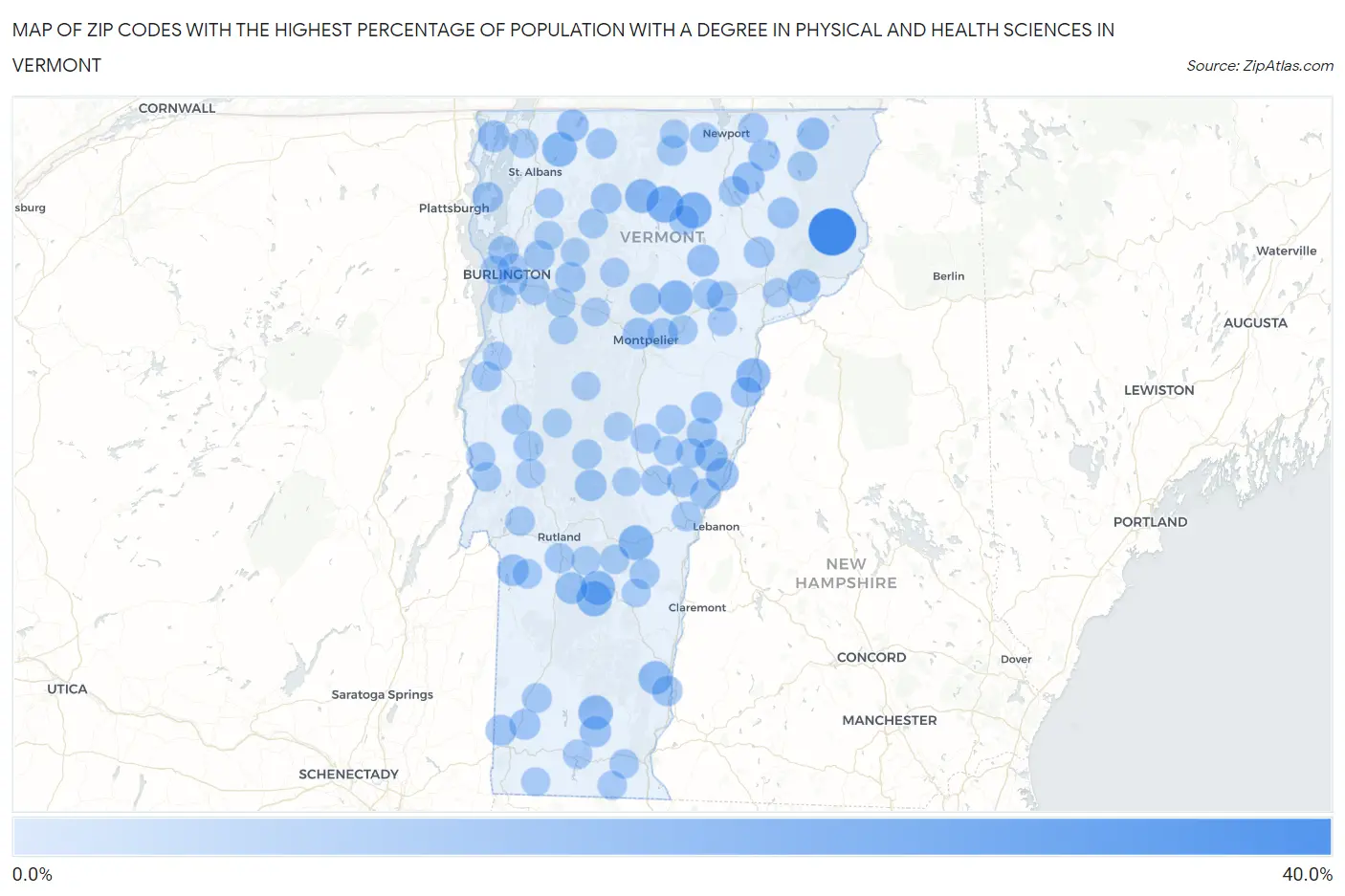 Zip Codes with the Highest Percentage of Population with a Degree in Physical and Health Sciences in Vermont Map
