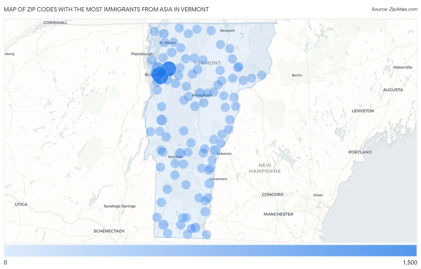 Zip Codes with the Most Immigrants from Asia in Vermont Map