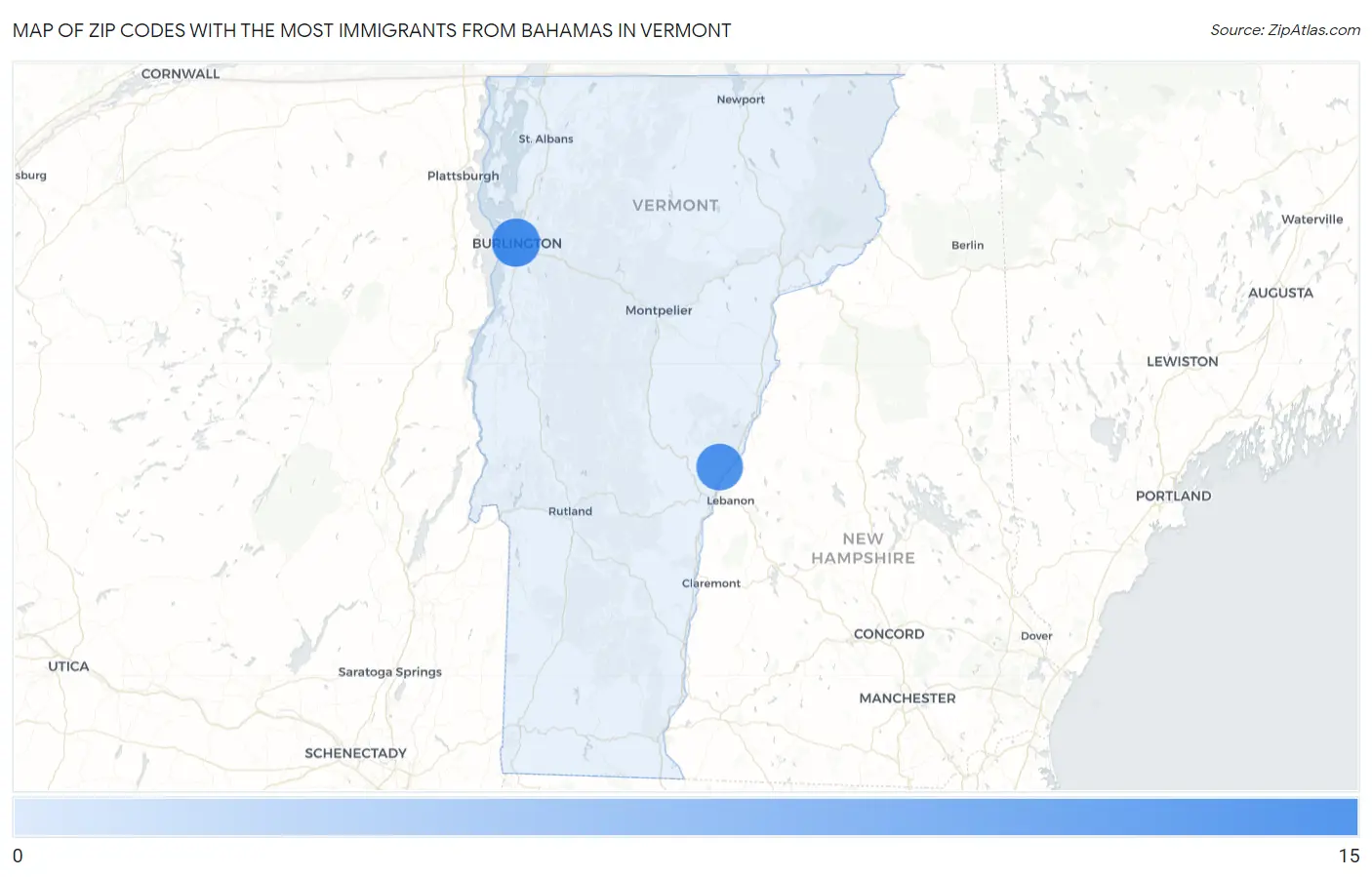 Zip Codes with the Most Immigrants from Bahamas in Vermont Map