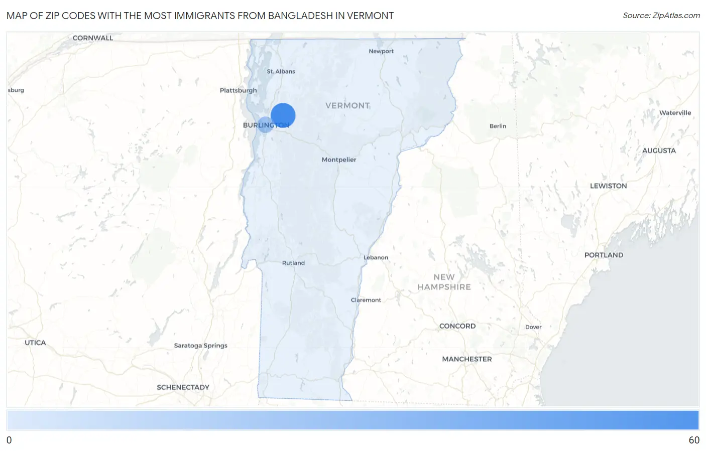 Zip Codes with the Most Immigrants from Bangladesh in Vermont Map