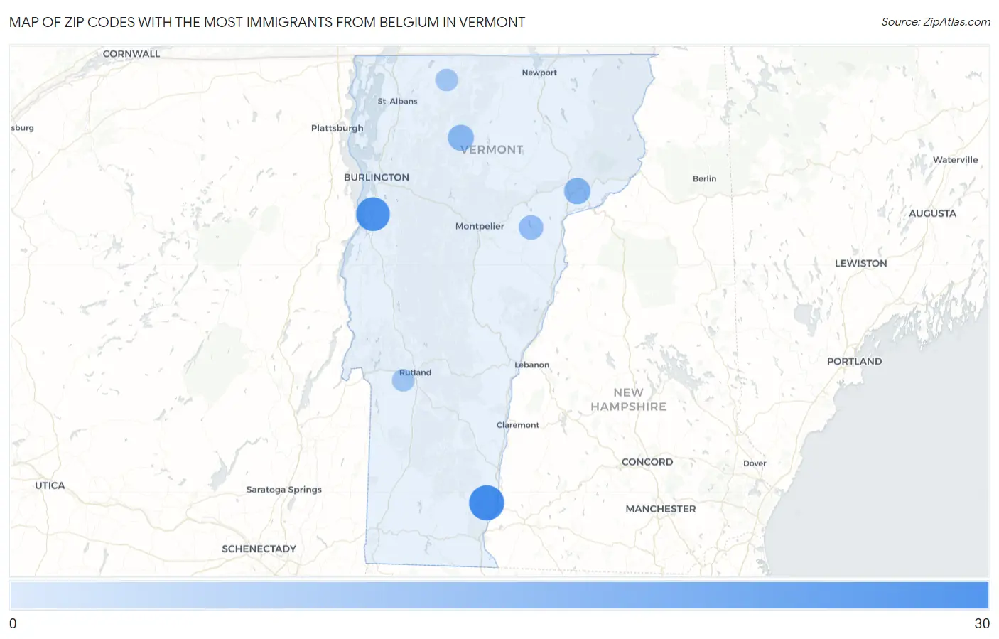 Zip Codes with the Most Immigrants from Belgium in Vermont Map