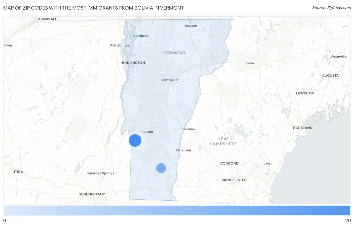 Zip Codes with the Most Immigrants from Bolivia in Vermont Map