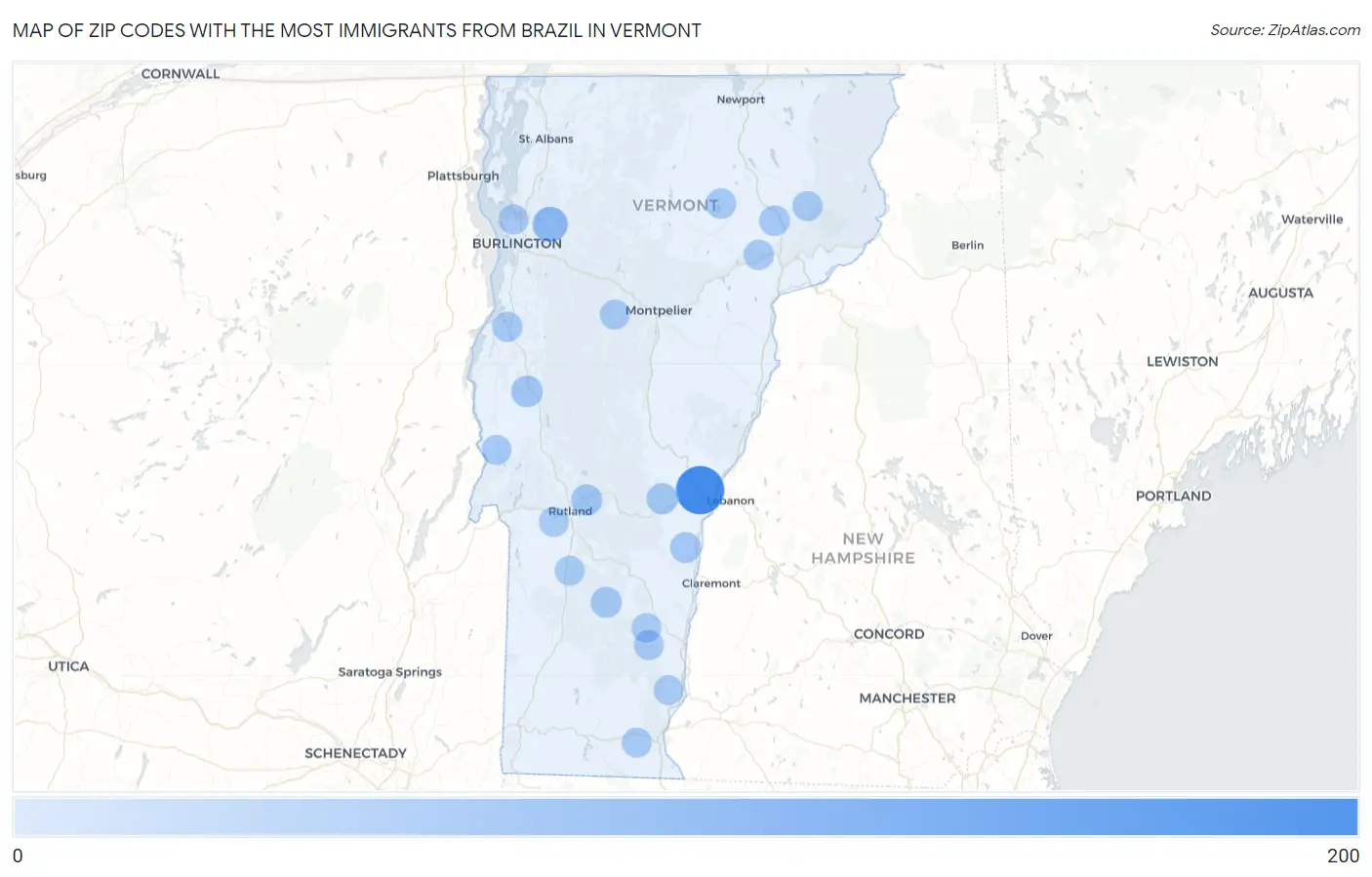 Zip Codes with the Most Immigrants from Brazil in Vermont Map