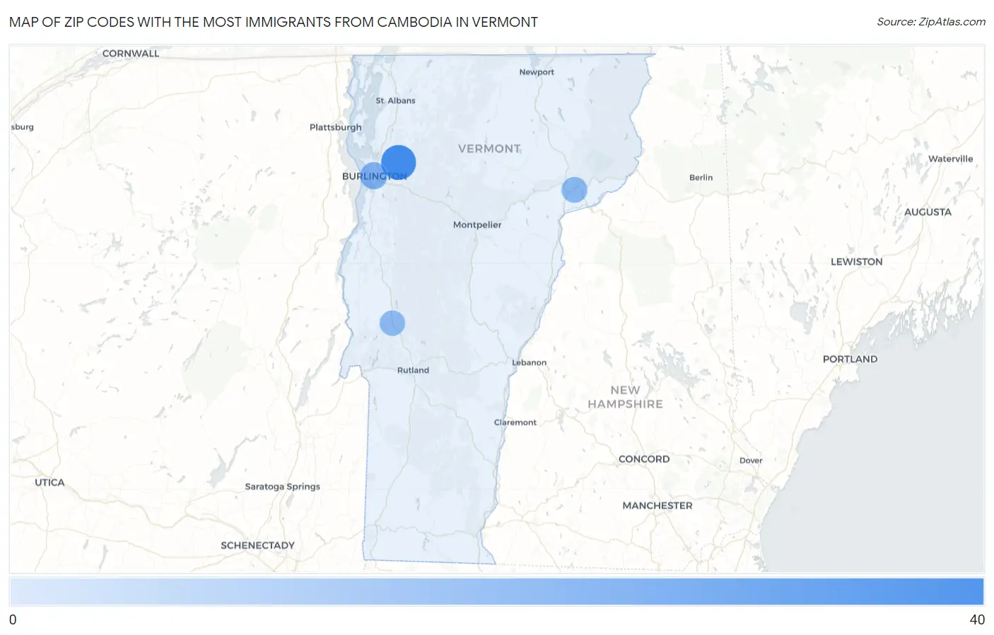 Zip Codes with the Most Immigrants from Cambodia in Vermont Map