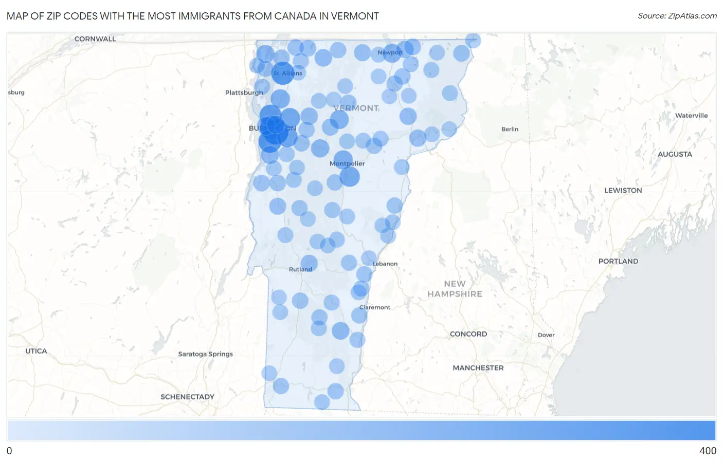 Zip Codes with the Most Immigrants from Canada in Vermont Map