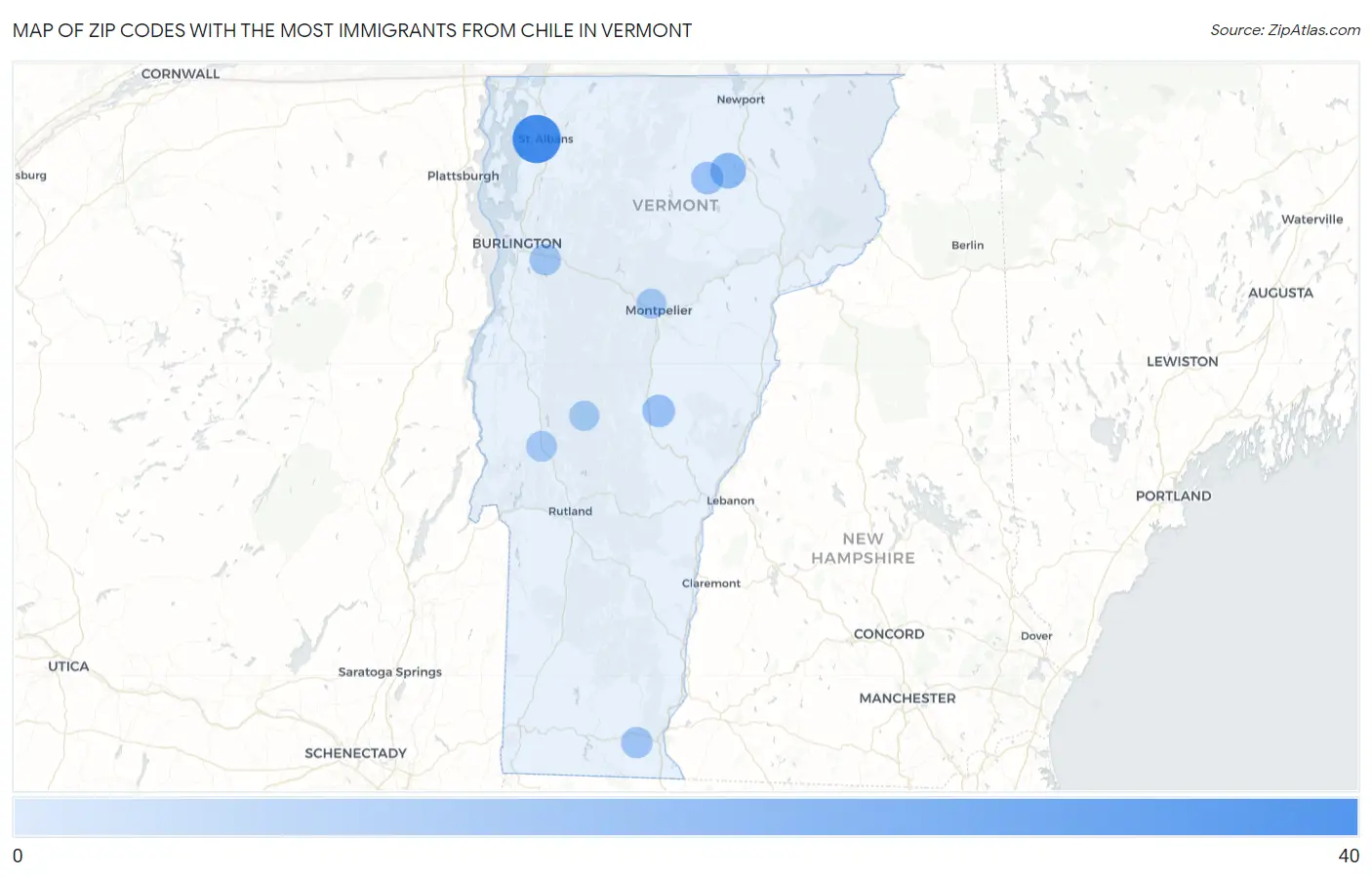 Zip Codes with the Most Immigrants from Chile in Vermont Map