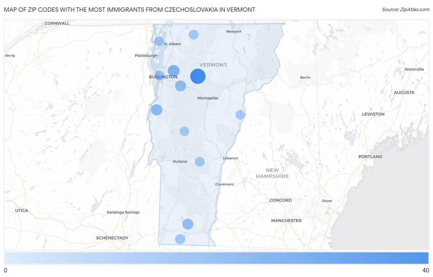 Zip Codes with the Most Immigrants from Czechoslovakia in Vermont Map